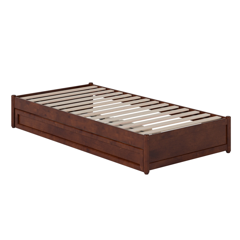 Barcelona Twin XL Solid Wood Panel Platform Bed with Twin XL Trundle in Walnut