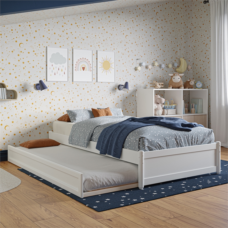 Barcelona Twin Solid Wood Panel Platform Bed with Twin Trundle in White