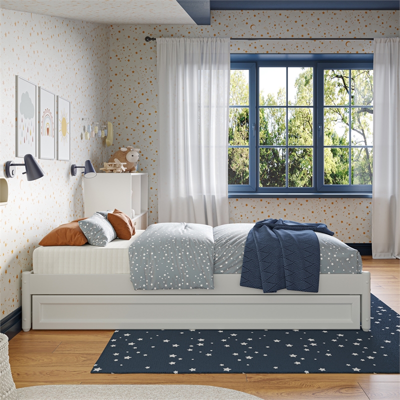 Barcelona Twin Solid Wood Panel Platform Bed with Twin Trundle in White