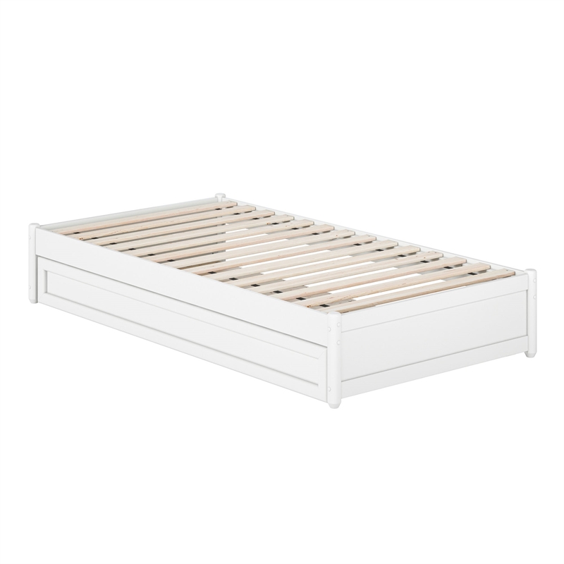 Barcelona Twin Solid Wood Panel Platform Bed with Twin Trundle in White