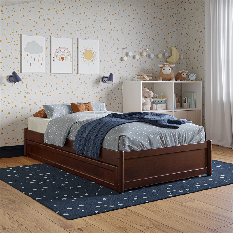 Barcelona Twin Solid Wood Panel Platform Bed with Twin Trundle in Walnut