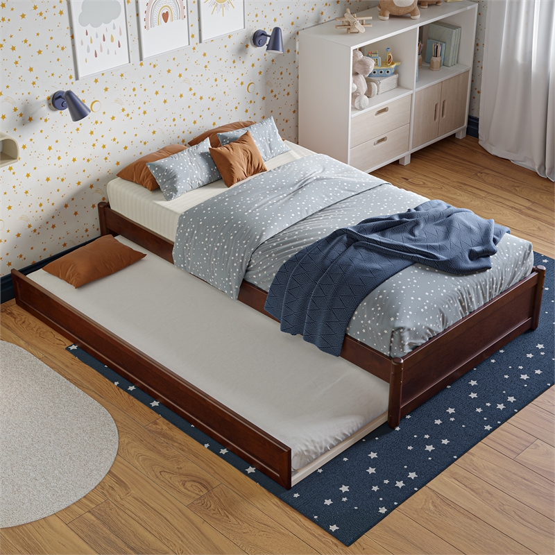 Barcelona Twin Solid Wood Panel Platform Bed with Twin Trundle in Walnut