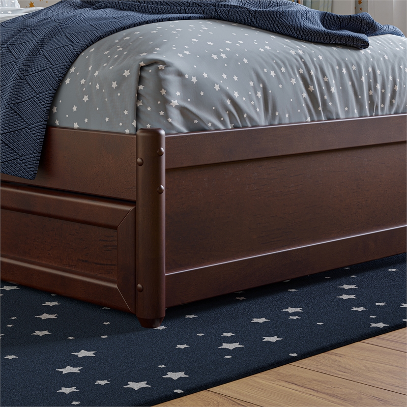 Barcelona Twin Solid Wood Panel Platform Bed with Twin Trundle in Walnut