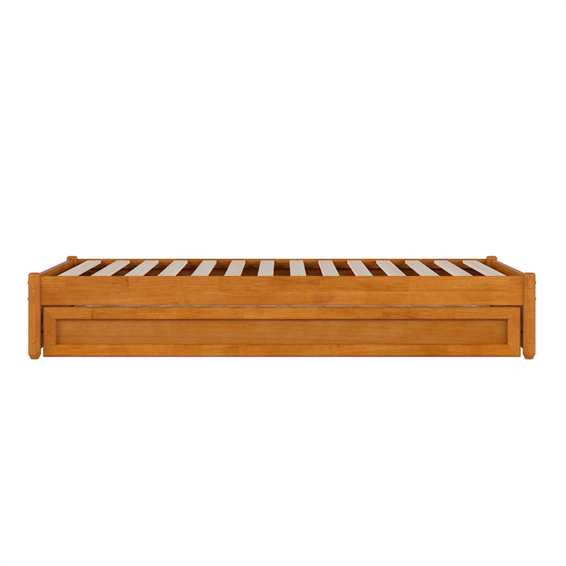 Barcelona Twin Solid Wood Panel Platform Bed with Twin Trundle in Light Toffee