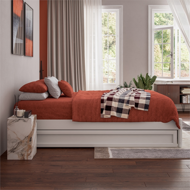 Barcelona Full Solid Wood Panel Platform Bed with Twin Trundle in White