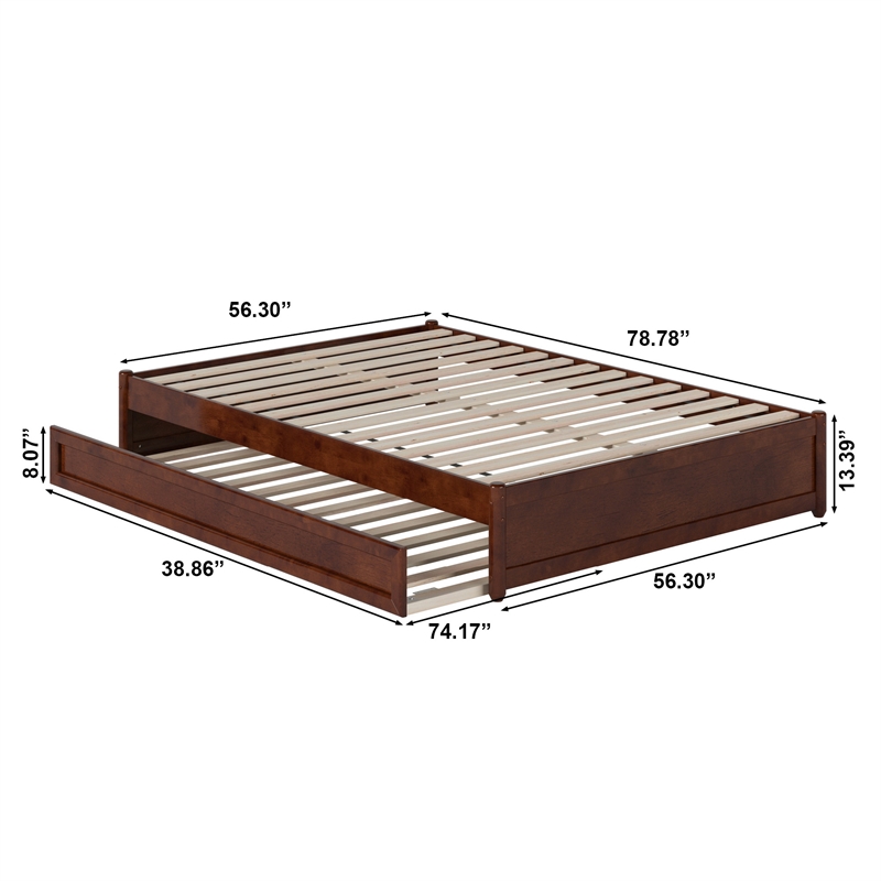 Barcelona Full Solid Wood Panel Platform Bed with Twin Trundle in Walnut