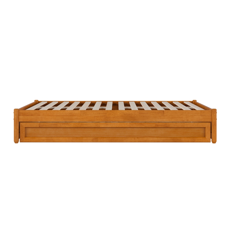 Barcelona Full Solid Wood Panel Platform Bed with Twin Trundle in Light Toffee