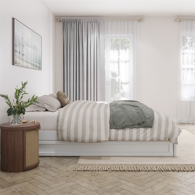 Barcelona Queen Solid Wood Panel Platform Bed with Twin XL Trundle in White
