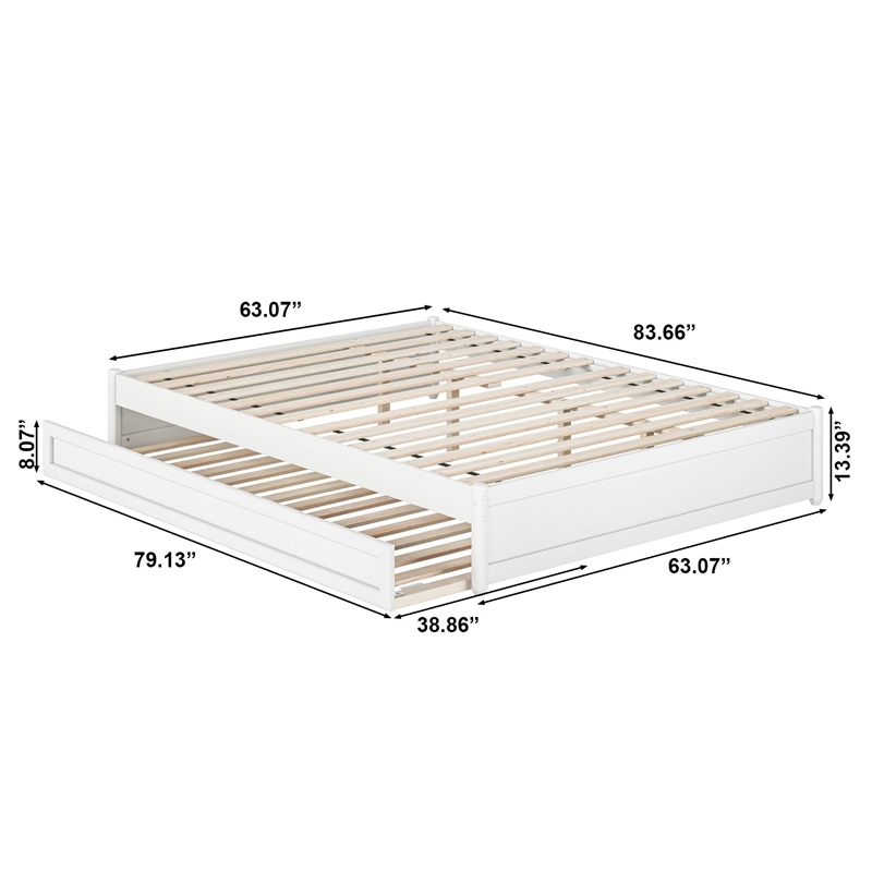 Barcelona Queen Solid Wood Panel Platform Bed with Twin XL Trundle in White