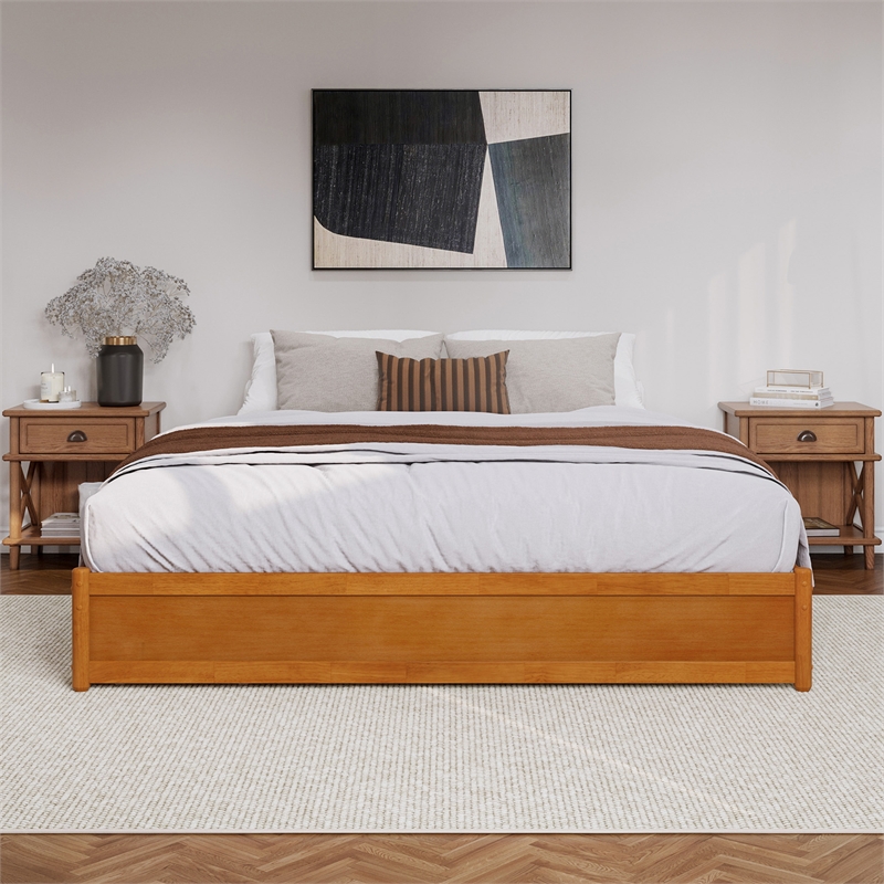 Barcelona King Wood Panel Platform Bed with Twin XL Trundle in Light Toffee