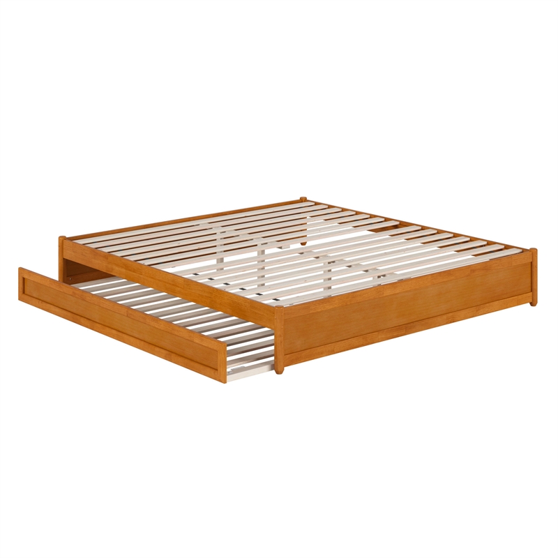 Barcelona King Wood Panel Platform Bed with Twin XL Trundle in Light Toffee