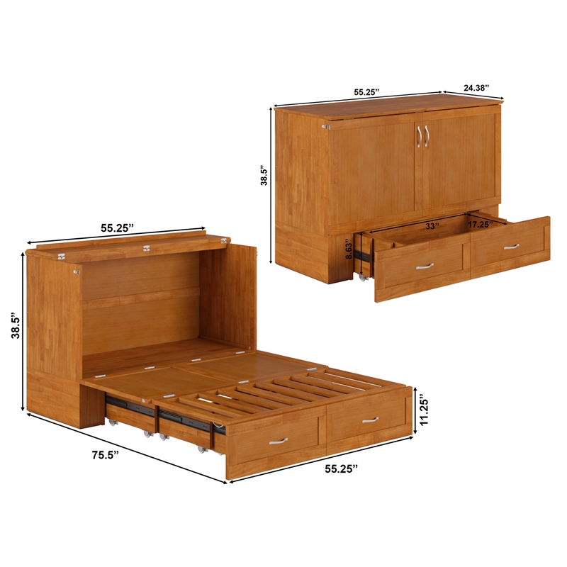 Hamilton Solid Wood Full Murphy Bed Chest w/Mattress and Storage in Light Toffee