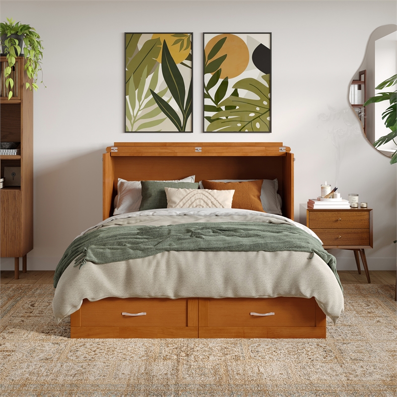 Hamilton Solid Wood Full Murphy Bed Chest w/Mattress and Storage in Light Toffee