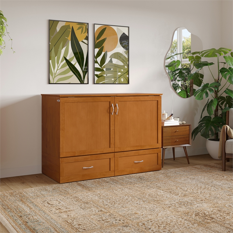 Hamilton Solid Wood Full Murphy Bed Chest w/Mattress and Storage in Light Toffee