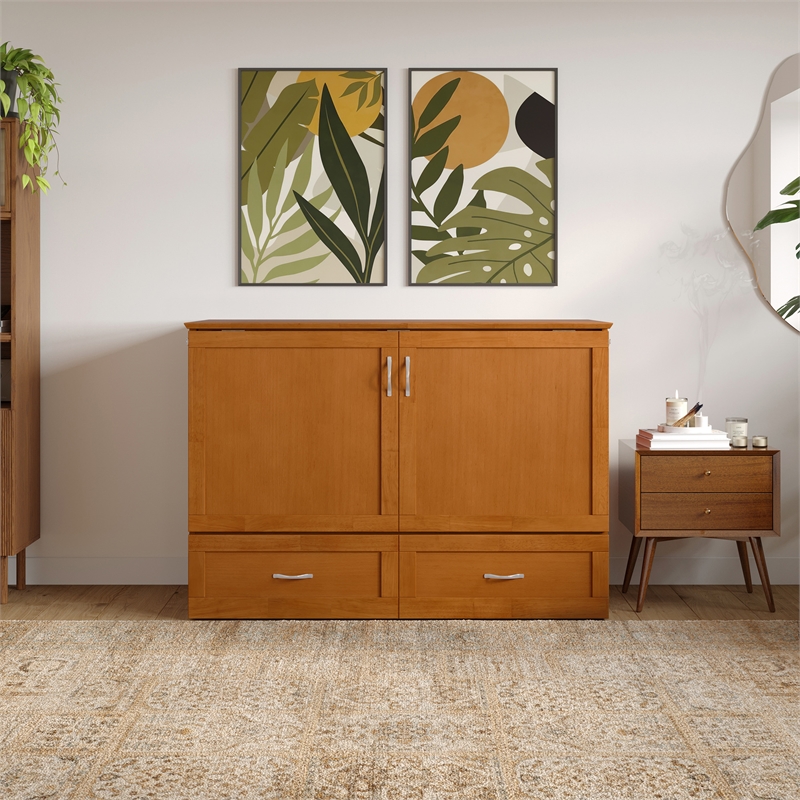 Hamilton Solid Wood Full Murphy Bed Chest w/Mattress and Storage in Light Toffee