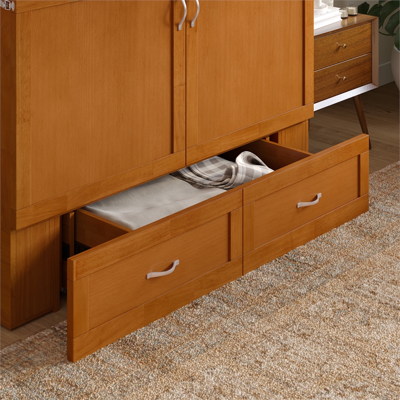 Hamilton Solid Wood Full Murphy Bed Chest w/Mattress and Storage in Light Toffee