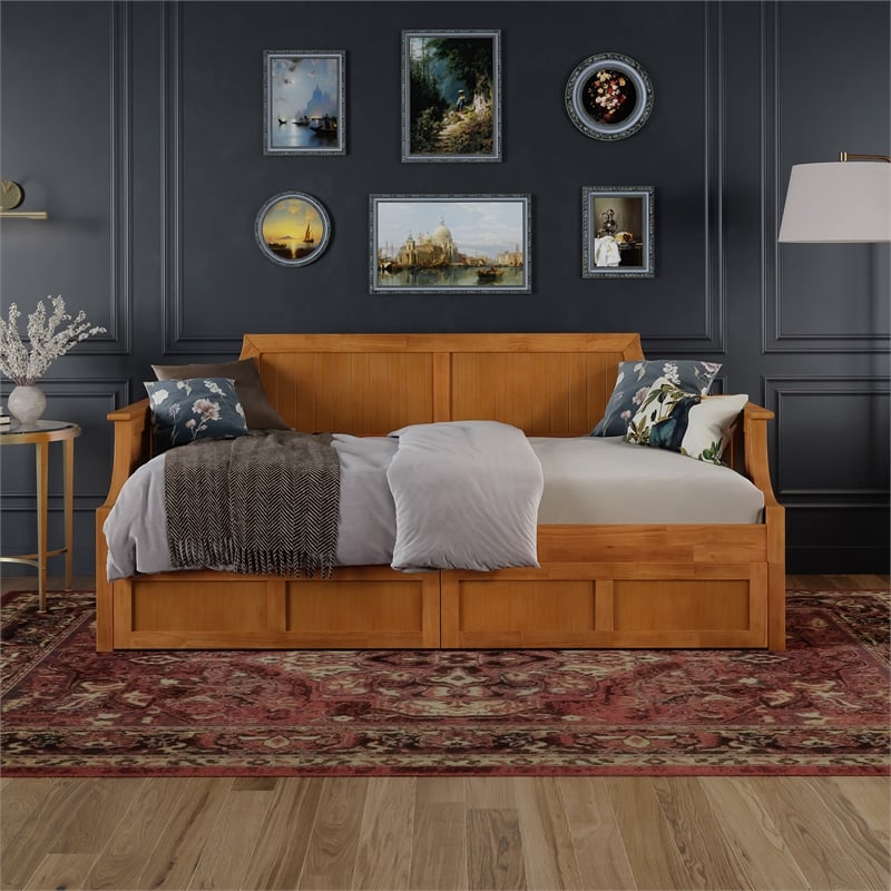 AFI Cambridge Mid-Century Wood Twin Daybed with Set of 2 Drawers in Light Toffee