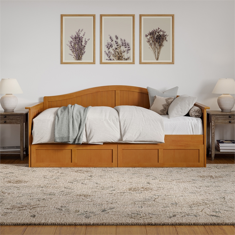 AFI Nantucket Mid-Century Wood Twin Daybed with Set of 2 Drawers in Light Toffee
