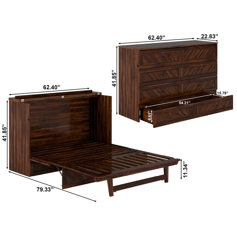 Alpine Queen Wood Murphy Bed Chest with Mattress & Built-in Charger in Barnwood