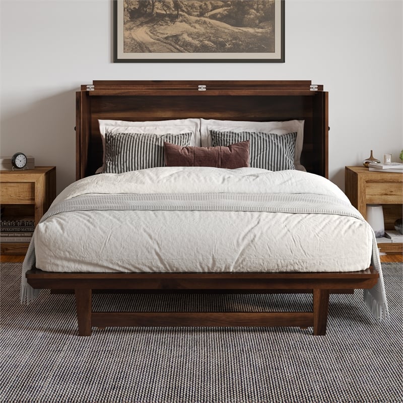 Alpine Queen Wood Murphy Bed Chest with Mattress & Built-in Charger in Barnwood