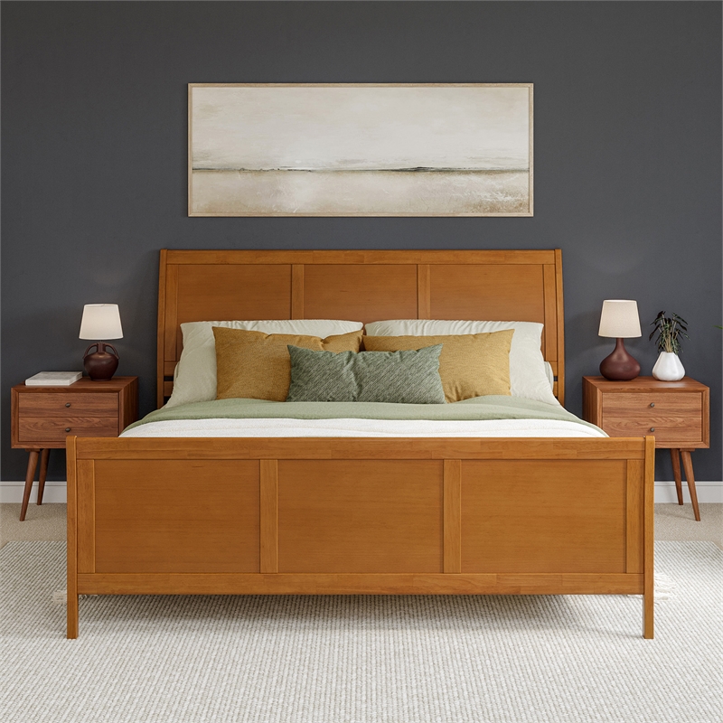 Valencia King Low Wood Platform Bed with Matching Footboard in Light Toffee