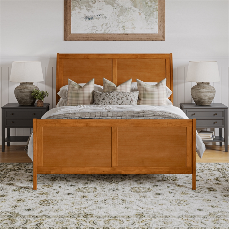 Portland Queen Wood Low Platform Bed with Matching Footboard in Light Toffee