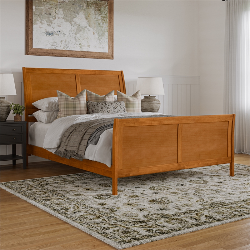 Portland Queen Wood Low Platform Bed with Matching Footboard in Light Toffee