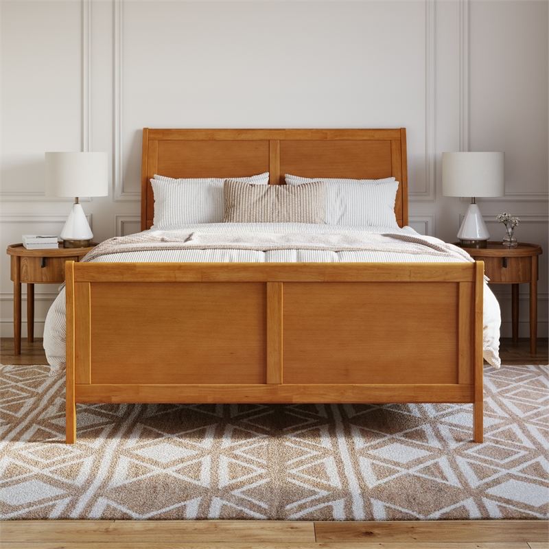 Portland Queen Wood Foundation Bed Frame with Matching Footboard Light Toffee