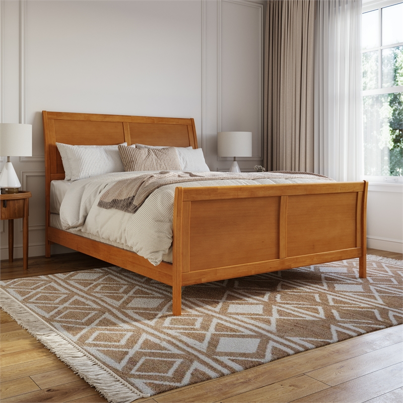 Portland Queen Wood Foundation Bed Frame with Matching Footboard Light Toffee