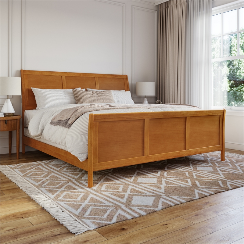 Portland King Wood Foundation Bed Frame with Matching Footboard Light Toffee