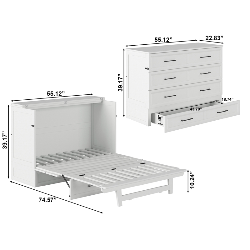 Tucson Full Wood Murphy Bed Chest with Mattress Drawer & Charger in White