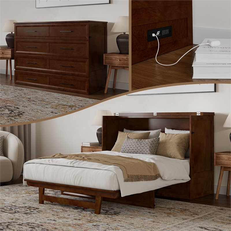Tucson Full Wood Murphy Bed Chest with Mattress Drawer & Charger in Walnut
