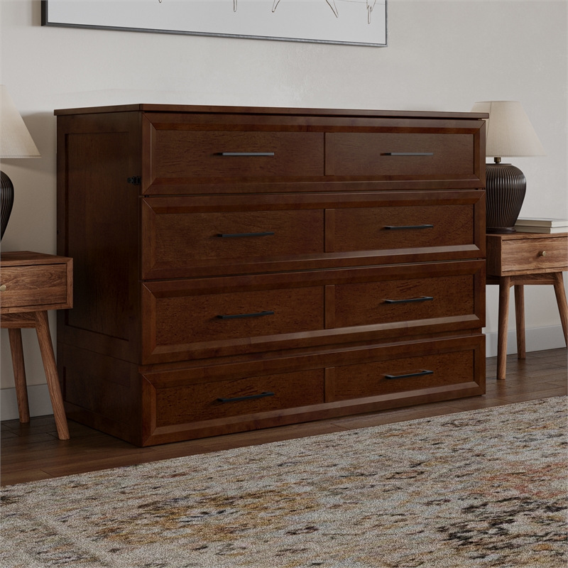 Tucson Full Wood Murphy Bed Chest with Mattress Drawer & Charger in Walnut