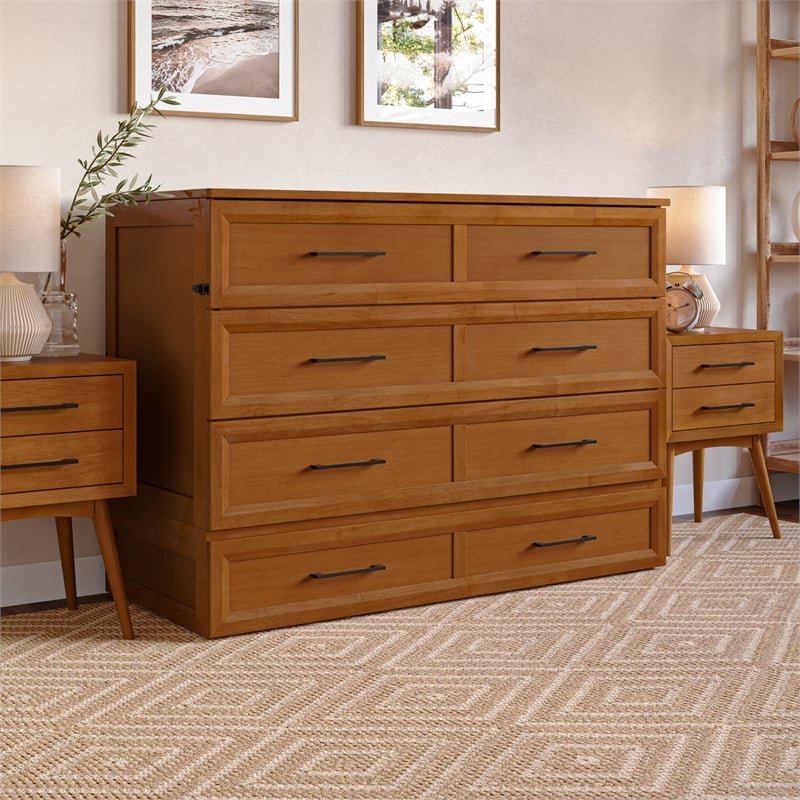 Tucson Full Wood Murphy Bed Chest with Mattress Drawer & Charger in Toffee