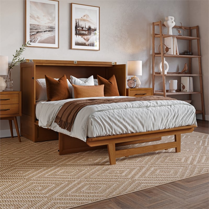Tucson Full Wood Murphy Bed Chest with Mattress Drawer & Charger in Toffee