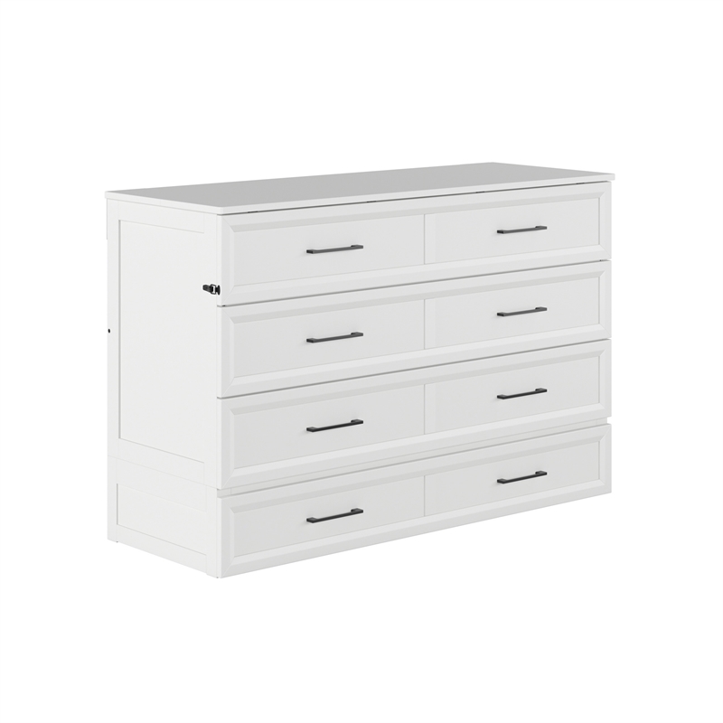Tucson Queen Wood Murphy Bed Chest with Mattress Drawer & Charger in White