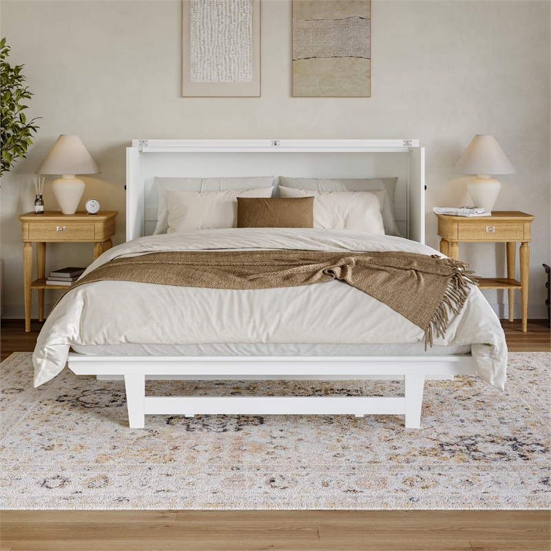 Tucson Queen Wood Murphy Bed Chest with Mattress Drawer & Charger in White