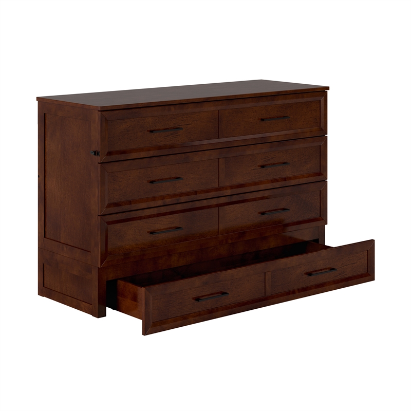Tucson Queen Wood Murphy Bed Chest with Mattress Drawer & Charger in Walnut
