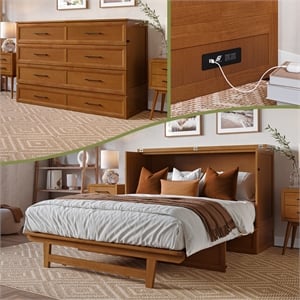Tucson Queen Wood Murphy Bed Chest with Mattress Drawer & Charger in Toffee