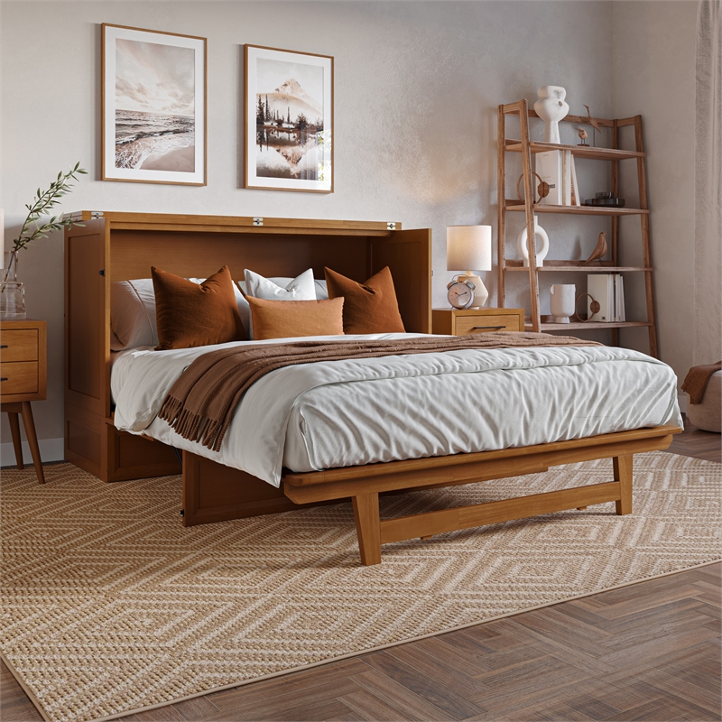 Tucson Queen Wood Murphy Bed Chest with Mattress Drawer & Charger in Toffee