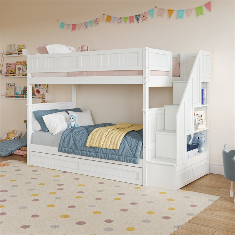 Dover Twin over Twin Wood Staircase Bunk Bed with Drawer & Trundle in White
