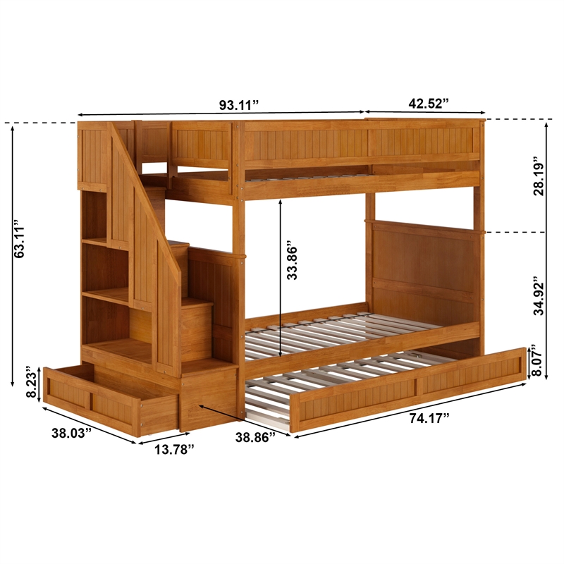 Dover Twin over Twin Wood Staircase Bunk Bed w/ Drawer & Trundle in Light Toffee