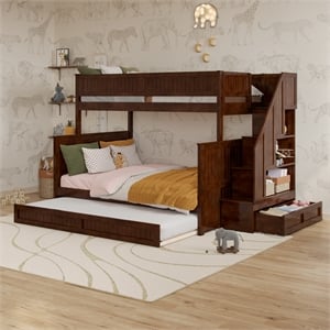 Dover Twin over Full Wood Staircase Bunk Bed with Drawer & Trundle in Walnut
