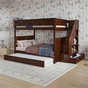 Dover Full over Full Wood Staircase Bunk Bed with Drawer & Trundle in Walnut