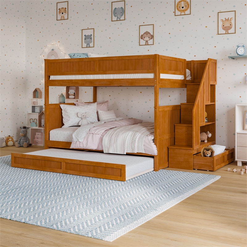 Dover Full over Full Wood Staircase Bunk Bed w/ Drawer & Trundle in Light Toffee