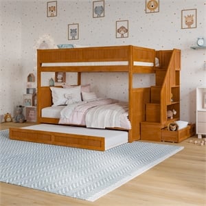 Dover Full over Full Wood Staircase Bunk Bed w/ Drawer & Trundle in Light Toffee