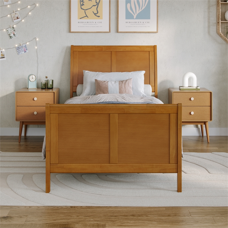 Portland Twin XL Wood Low Platform Bed with Matching Footboard in Light Toffee