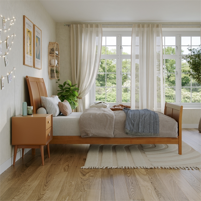 Portland Twin XL Wood Low Platform Bed with Matching Footboard in Light Toffee