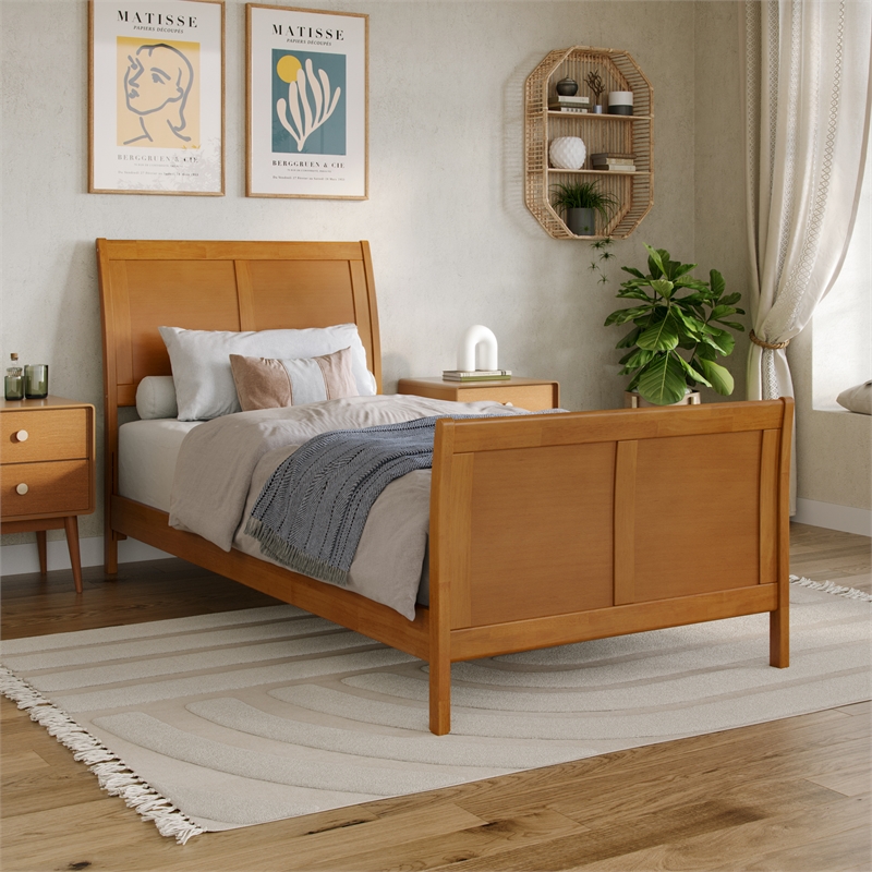 Portland Twin XL Wood Low Platform Bed with Matching Footboard in Light Toffee