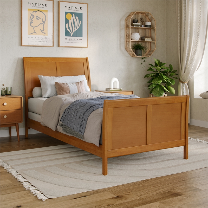 Portland Twin XL Wood Foundation Bed Frame with Matching Footboard  Light Toffee